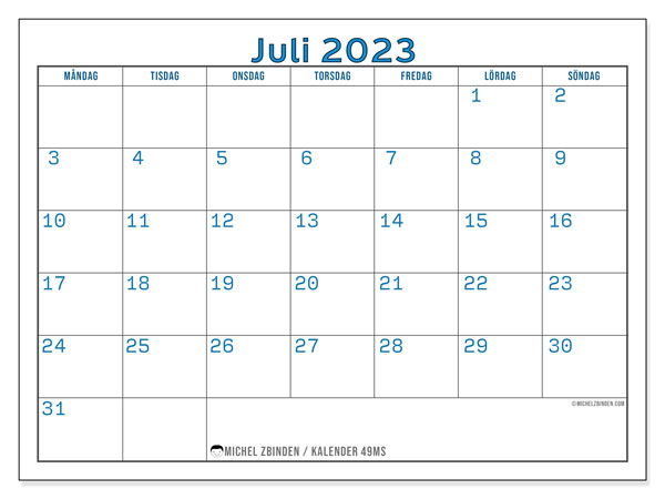 Kalender juli 2023, 49MS. Gratis karta som kan skrivas ut.