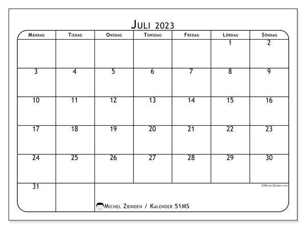Kalender juli 2023, 51MS. Gratis karta som kan skrivas ut.