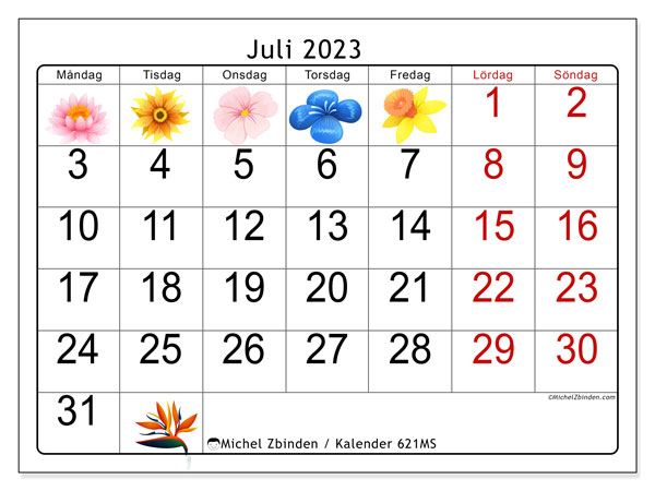Kalender juli 2023, 621MS. Gratis karta som kan skrivas ut.