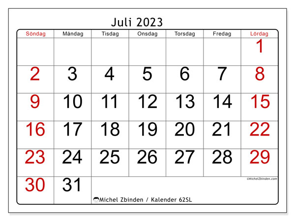Kalender juli 2023, 62SL. Gratis karta som kan skrivas ut.