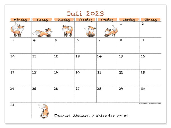 Kalender juli 2023, 771MS. Gratis karta som kan skrivas ut.