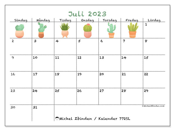 Kalender juli 2023, 772SL. Gratis karta som kan skrivas ut.