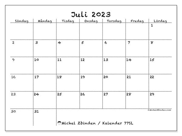 Kalender juli 2023, 77SL. Gratis karta som kan skrivas ut.