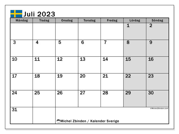 Calendario luglio 2023, Svezia (SV). Orario da stampare gratuito.