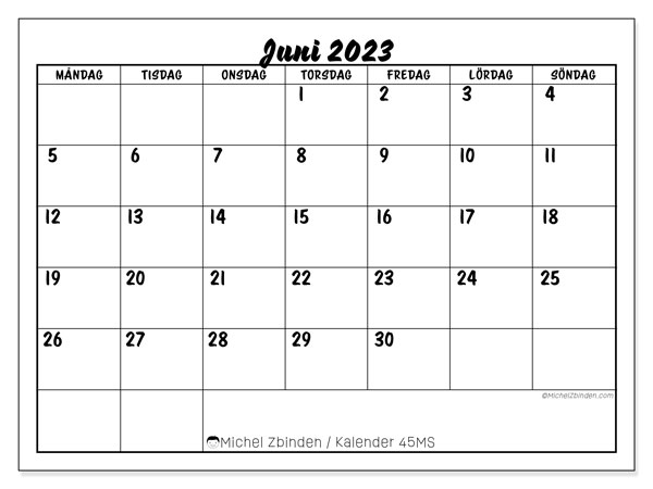 Kalender juni 2023, 45MS. Gratis kalender som kan skrivas ut.