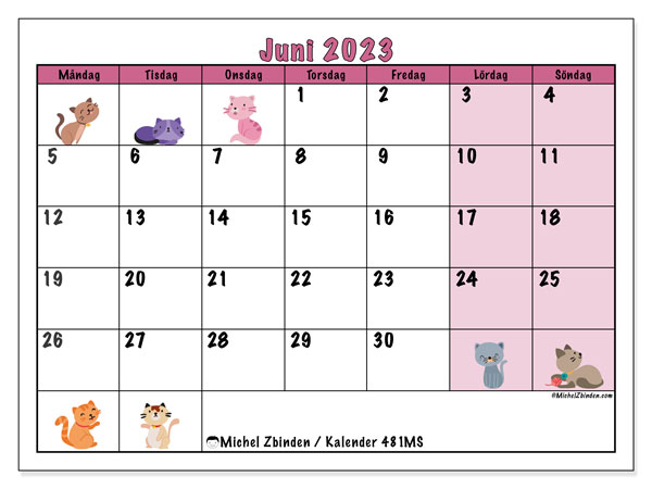 Kalender juni 2023, 481MS. Gratis kalender som kan skrivas ut.