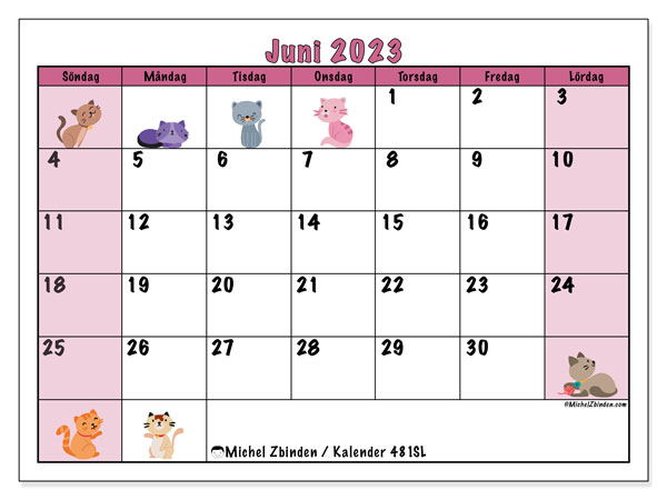 Kalender juni 2023, 481SL. Gratis kalender som kan skrivas ut.