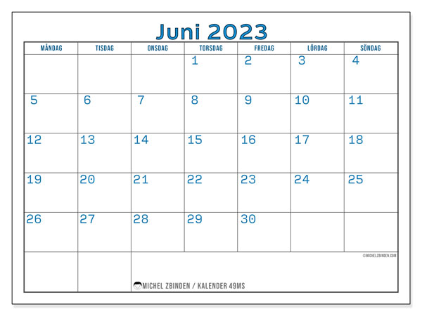 Kalender juni 2023, 49MS. Gratis kalender som kan skrivas ut.