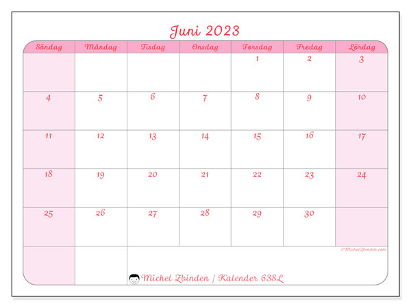 Kalender juni 2023, 63SL. Gratis kalender som kan skrivas ut.