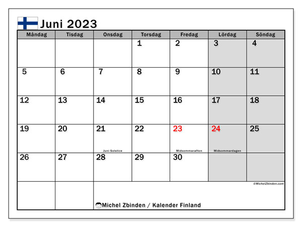 Kalender Juni 2023, Finnland (SV). Kalender zum Ausdrucken kostenlos.