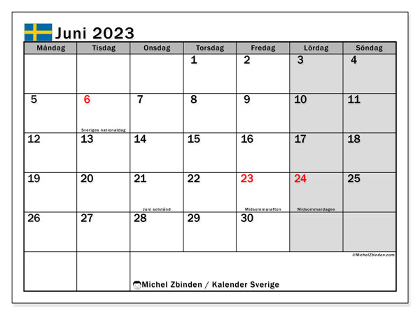 Calendário Junho 2023, Suécia (SV). Horário gratuito para impressão.