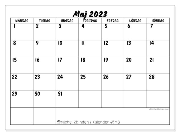 Kalender maj 2023, 45MS. Gratis karta som kan skrivas ut.