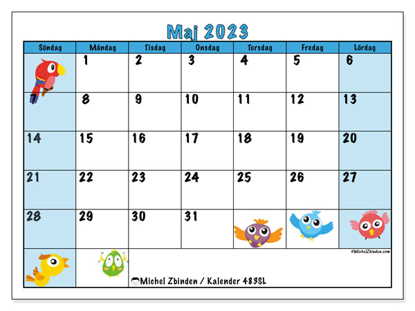 Kalender maj 2023 för att skriva ut. Månadskalender “483SL” och gratis tidtabell som ska skrivas ut