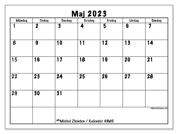 Kalender maj 2023 för att skriva ut. Månadskalender “48MS” och schema att skriva ut gratis