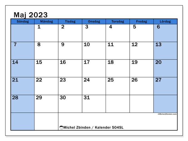 Kalender maj 2023 för att skriva ut. Månadskalender “504SL” och gratis almanak som ska skrivas ut