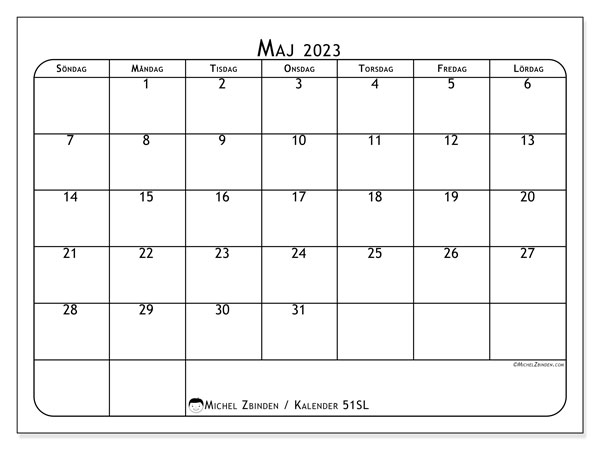 Kalender att skriva ut, maj 2023, 51SL