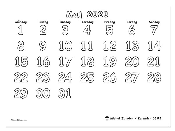 Kalender maj 2023 för att skriva ut. Månadskalender “56MS” och schema att skriva ut gratis