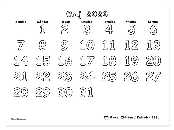 Kalender maj 2023 för att skriva ut. Månadskalender “56SL” och gratis almanak som ska skrivas ut
