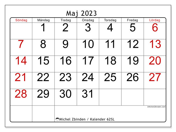 Kalender maj 2023 för att skriva ut. Månadskalender “62SL” och tidtabell för gratis utskrift