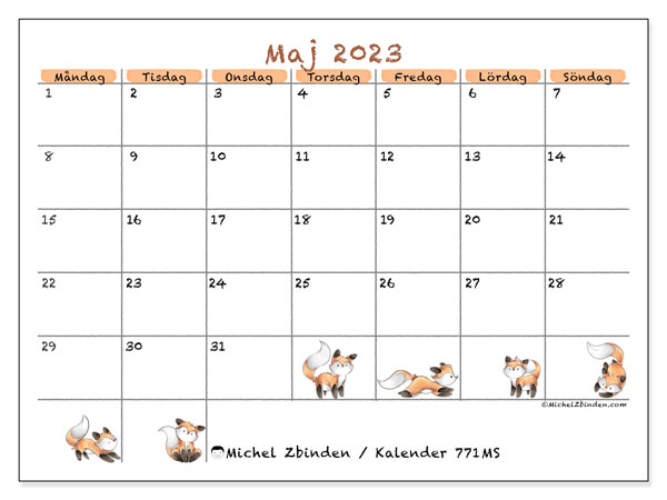 Kalender maj 2023, 771MS. Gratis karta som kan skrivas ut.