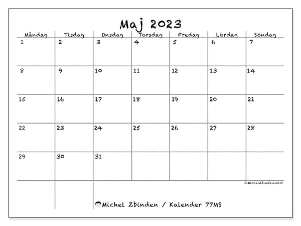 Kalender maj 2023 för att skriva ut. Månadskalender “77MS” och gratis utskrivbar almanak