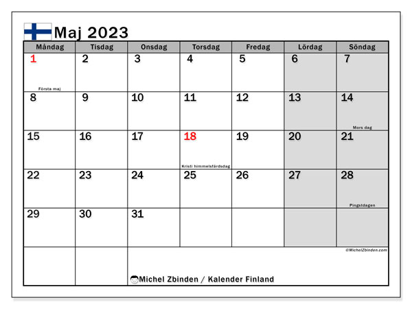 Finland, kalender maj 2023, för utskrift, gratis.