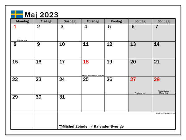 Kalender “Suède” för att skriva ut med helgdagar. Månadskalender maj 2023 och gratis utskrivbar almanak.