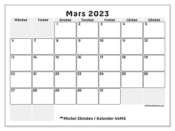 44MS, kalender mars 2023, för utskrift, gratis.