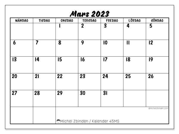 Kalender mars 2023 för att skriva ut. Månadskalender “45MS” och gratis schema som ska skrivas ut