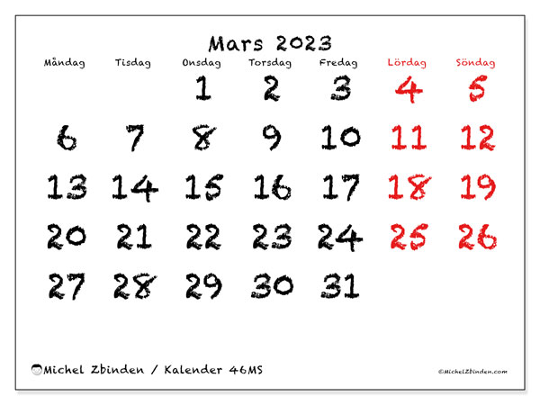 Kalender mars 2023 för att skriva ut. Månadskalender “46MS” och gratis almanak som ska skrivas ut