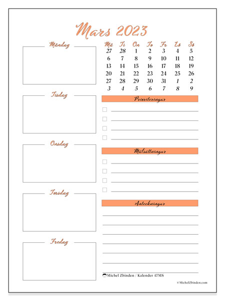Kalender mars 2023 för att skriva ut. Månadskalender “47MS” och gratis almanak som ska skrivas ut
