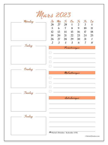 Kalender mars 2023 för att skriva ut. Månadskalender “47SL” och gratis almanak som ska skrivas ut