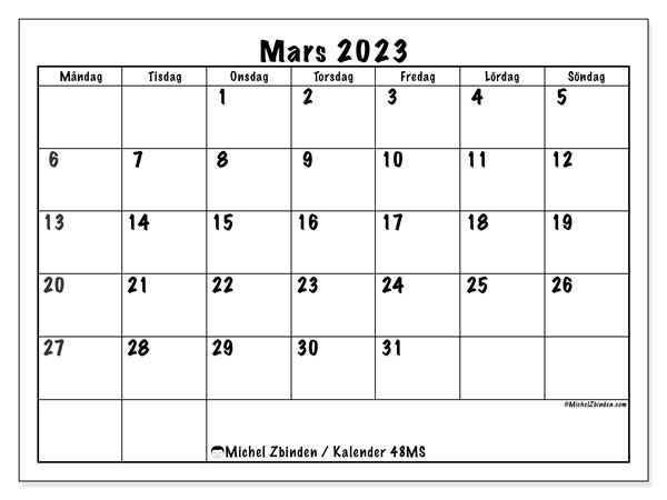 48MS, kalender mars 2023, för utskrift, gratis.