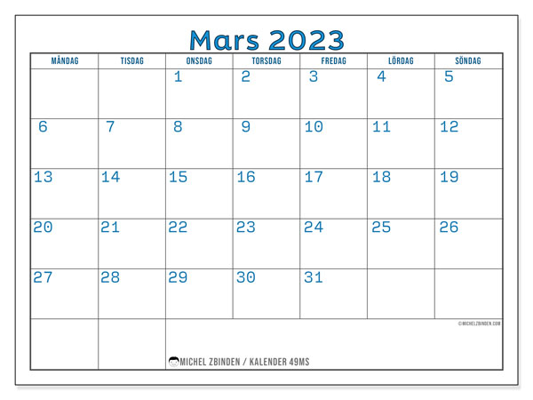 Kalender mars 2023 för att skriva ut. Månadskalender “49MS” och schema att skriva ut gratis