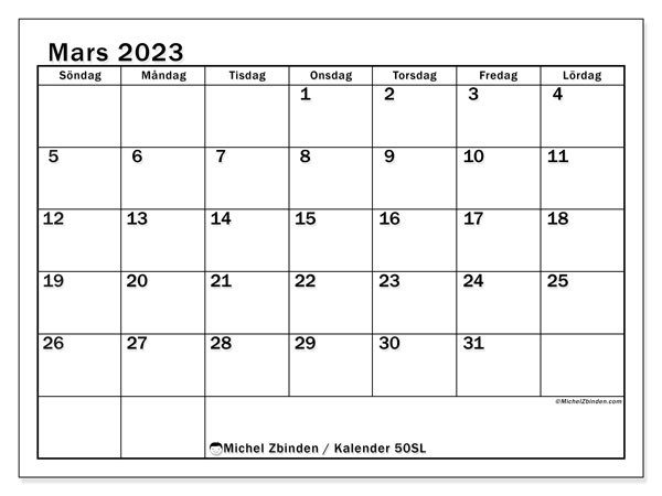 Kalender att skriva ut, mars 2023, 50SL