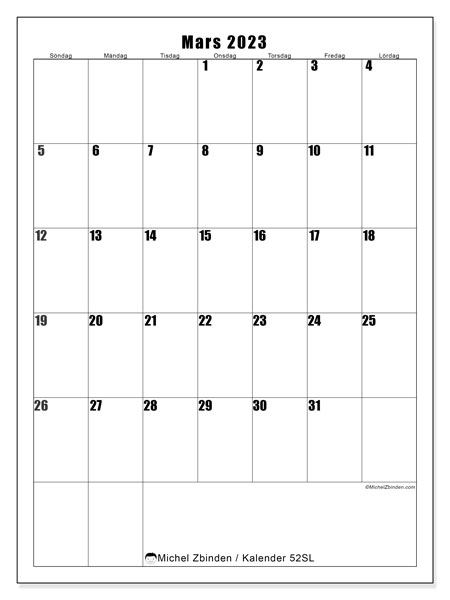 Kalender mars 2023 för att skriva ut. Månadskalender “52SL” och gratis utskrivbar tidtabell
