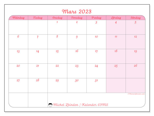Kalender mars 2023 för att skriva ut. Månadskalender “63MS” och almanak att skriva ut gratis