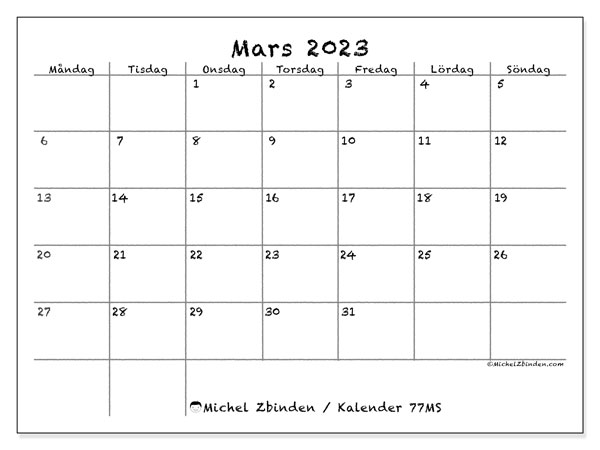 77MS, kalender mars 2023, för utskrift, gratis.