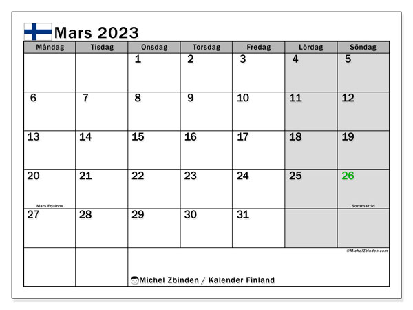 Kalender “Finland” för att skriva ut med helgdagar. Månadskalender mars 2023 och gratis utskrivbar tidtabell.