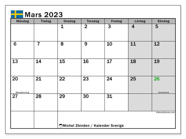 Calendrier mars 2023, Suède (SV), prêt à imprimer et gratuit.