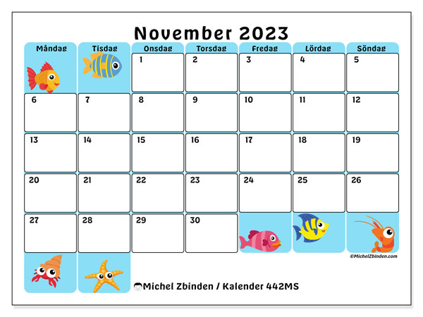 Kalender november 2023, 442MS. Gratis kalender som kan skrivas ut.