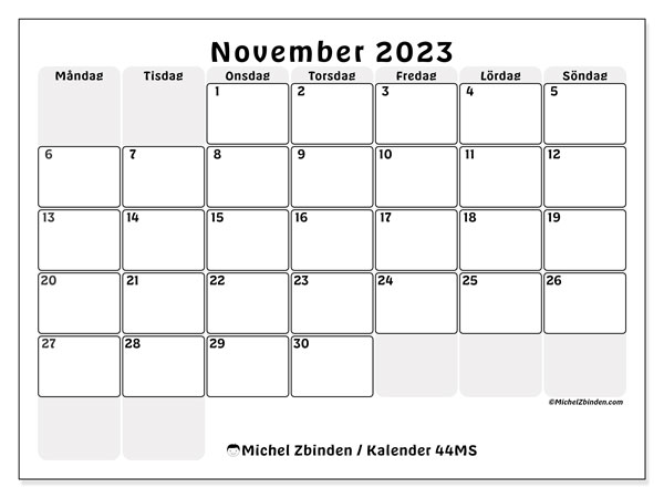 Kalender november 2023, 44MS. Gratis kalender som kan skrivas ut.