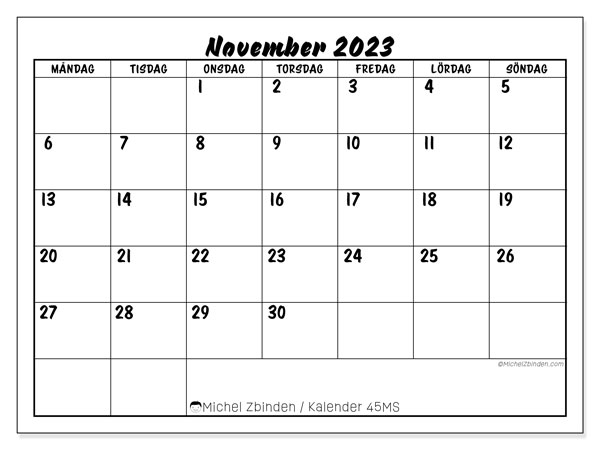 Kalender november 2023, 45MS. Gratis kalender som kan skrivas ut.