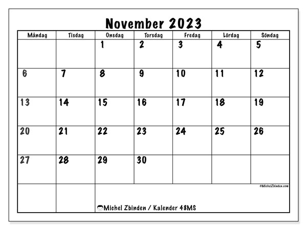 Kalender november 2023, 48MS. Gratis kalender som kan skrivas ut.