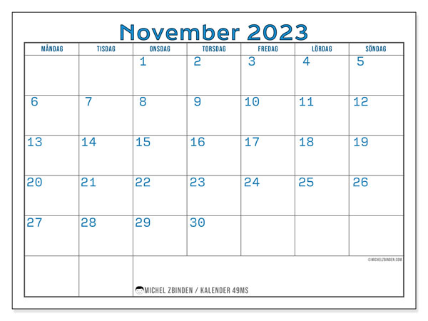 Kalender november 2023, 49MS. Gratis kalender som kan skrivas ut.