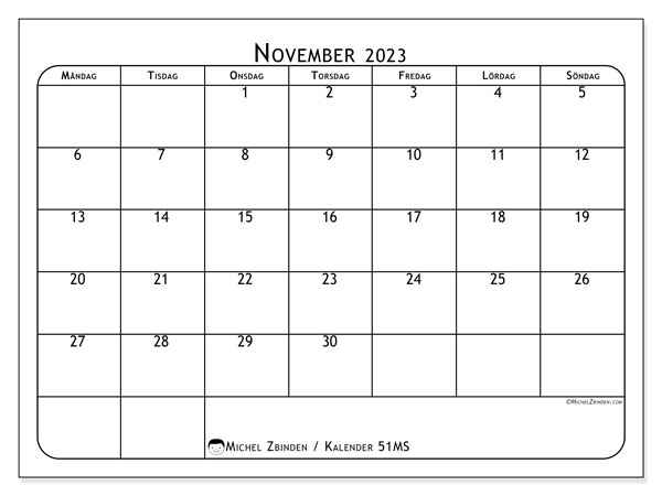Kalender november 2023, 51MS. Gratis kalender som kan skrivas ut.
