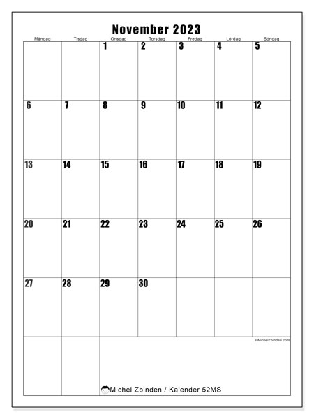 Kalender november 2023 för att skriva ut. Månadskalender “52MS” och gratis utskrivbar schema