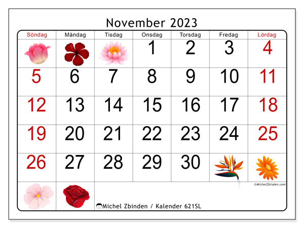 Kalender november 2023, 621SL. Gratis kalender som kan skrivas ut.