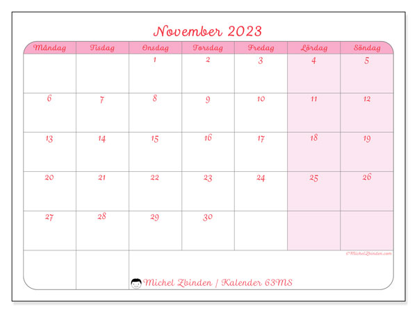 Kalender november 2023 för att skriva ut. Månadskalender “63MS” och gratis schema som ska skrivas ut