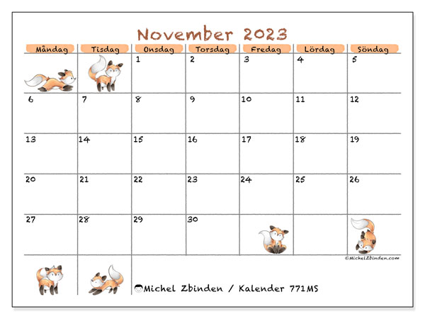 Kalender november 2023, 771MS. Gratis kalender som kan skrivas ut.
